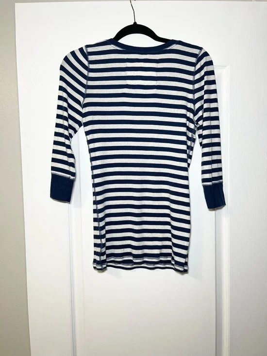 Y2K Vintage Abercrombie & Fitch Women’s Blue & White Striped Henley Size Large - Picture 2 of 16